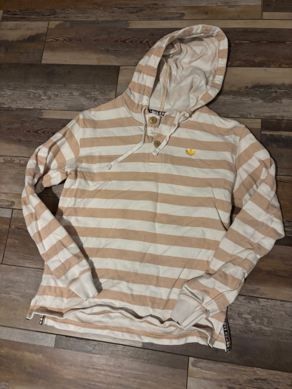 Adidas Striped Hooded Pullover - Beige & White